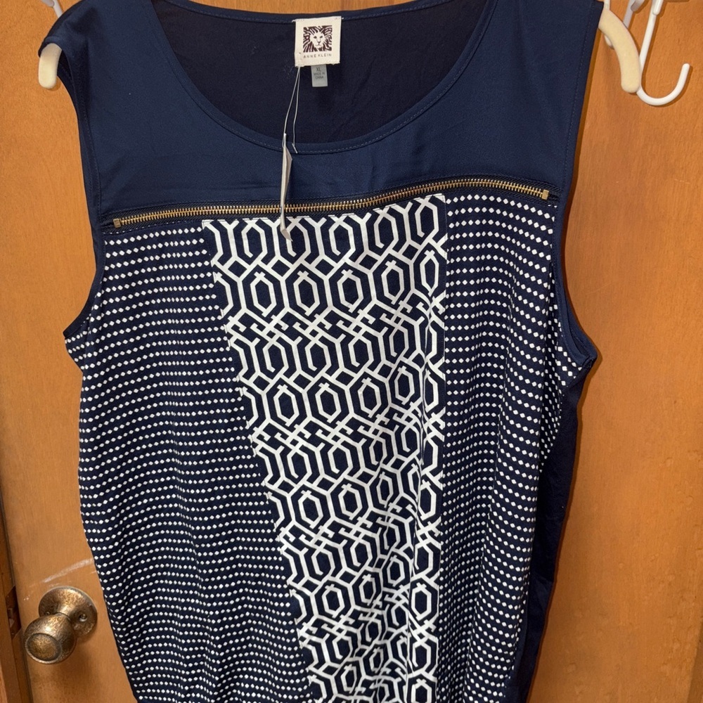 Anne Klein Navy White Geometric Print Sleeveless Tank Top Women’s XL NWT